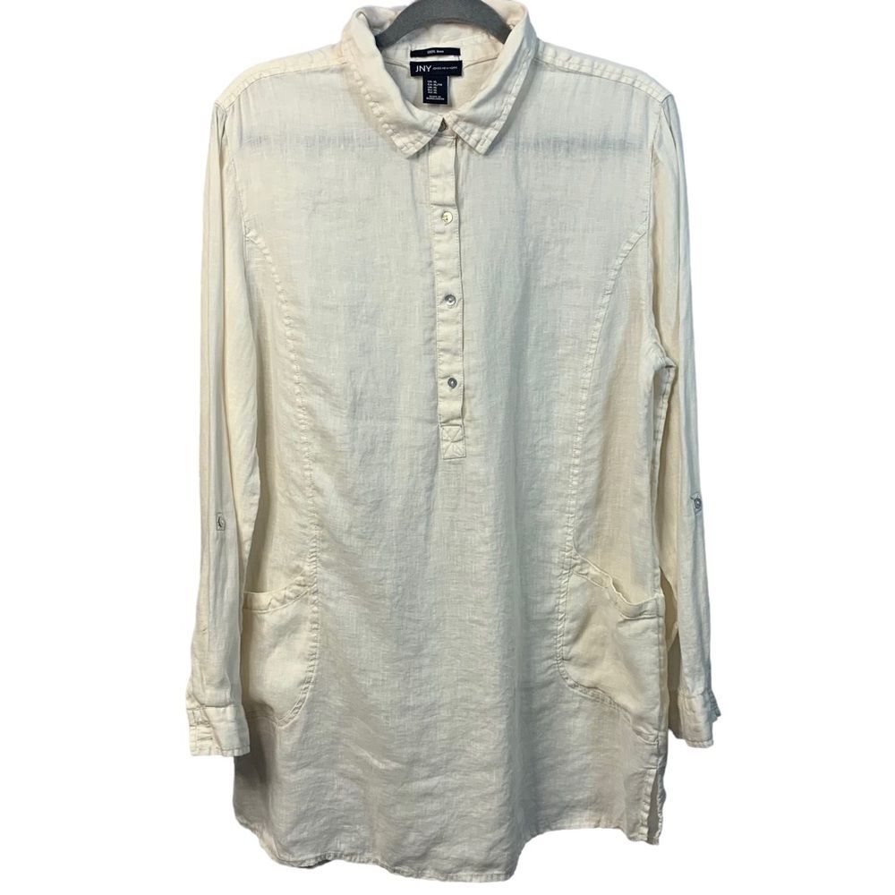JNY JONES NEW YORK 100% Linen Popover Tunic Top